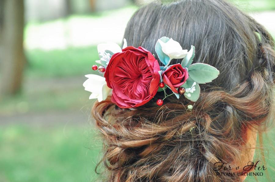 Hochzeit - Wedding hair comb Bridal Marsala flower comb Bridal Hairpiece red Flower Bridal Comb floral hair comb red flower comb roses comb boho Gift