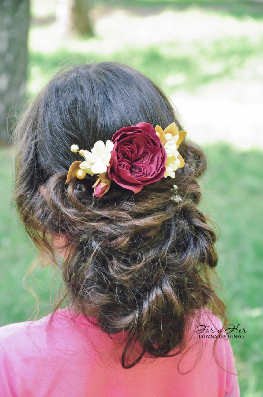 زفاف - Wedding hair comb Bridal Marsala flower clip Bridal Headpiece red wedding hair accessory flower hair accessory gold flower comb gold plate