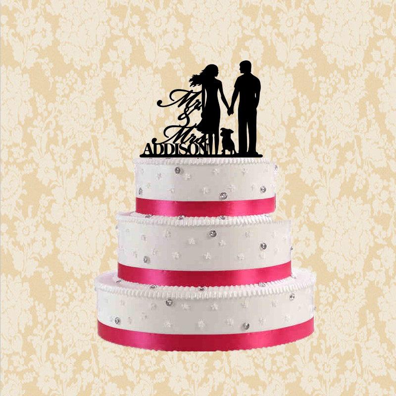 Свадьба - Silhouette cake topper with dog-custom mr mrs last name cake topper-rustic bride and groom wedding cake topper-modern silhouette cake topper