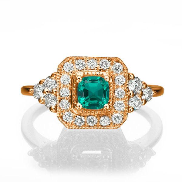 زفاف - Rose Gold Engagement Ring, Halo Ring, 18K Rose Gold Ring, 0.84 TCW Natural Emerald Ring Vintage, Art Deco Engagement Ring