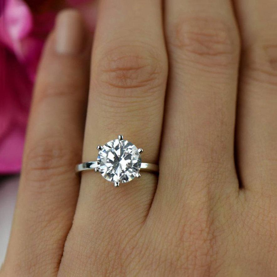 Mariage - 3 ct Round Solitaire Engagement Ring, Classic Bridal Ring, 6 Prong Wedding Ring, Promise Ring, Man Made Diamond Simulant, Sterling Silver