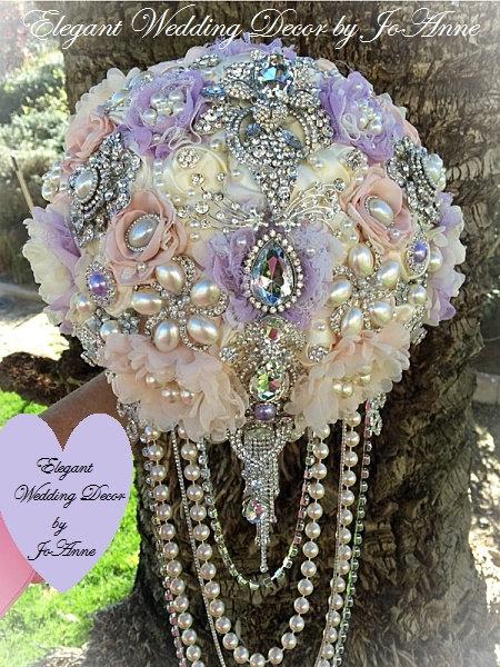 Hochzeit - Rustic Glam Jeweled Bouquet, DEPOSIT ONLY, Cascading Pearl Brides Brooch Wedding Bouquet, Ivory and Lavender Bouquet, Brooch Bouquet