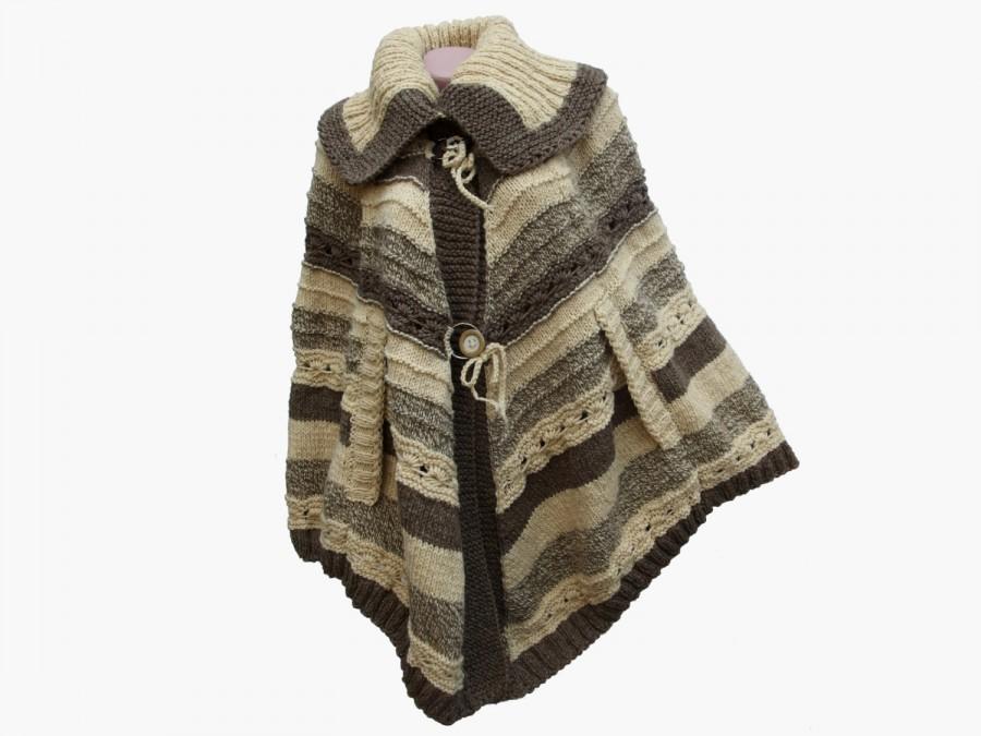 زفاف - Knit womens poncho, Warm mexican poncho sweater in natural color, Undyed wool poncho coat, Warm crochet cape, Warm winter knitwear