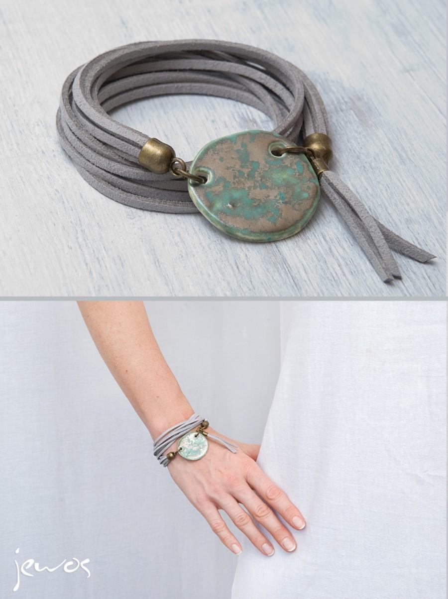 Wedding - Gray suede bracelet Mint ceramic bead bracelet Boho bracelet Geometric jewelry Wrap bracelet Handmade jewelry Unique gift Tassel bracelet
