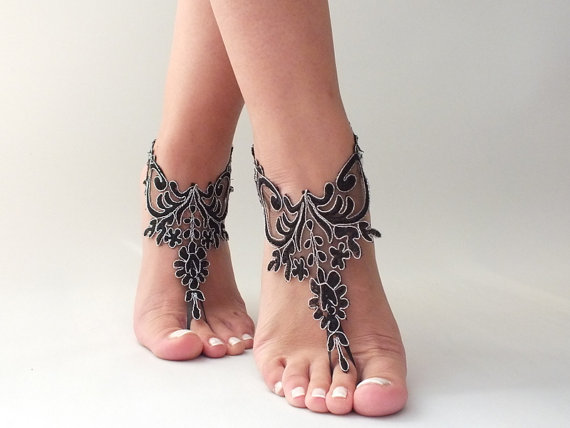Wedding - Black silver Barefoot Sandals, french lace, Nude shoes, Gothic, Foot jewelry,Wedding, Victorian Lace, Sexy, barefoot sandals