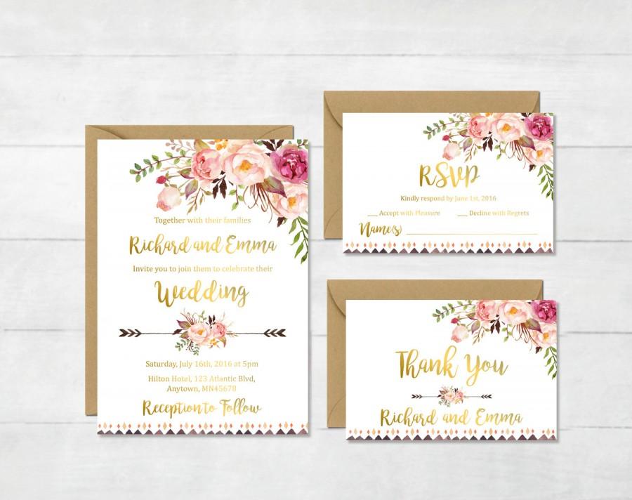 Hochzeit - Gold Floral Boho Wedding Invitation Suite, Printable Tribal Boho Wedding Invite, Floral Wedding Invite, Peonies Wedding, Download, 109-G