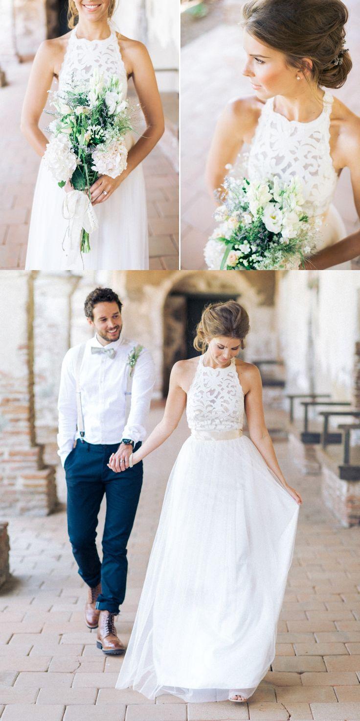 Mariage - Simple Jewel Sleeveless Floor-Length Chiffon Lace Top Wedding Dress With Bow
