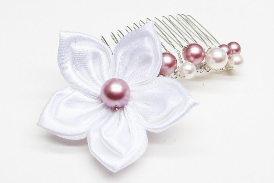 زفاف - Comb wedding white satin flower and white and pink the swarovski crystal beads, wedding, wedding hairstyle accessory