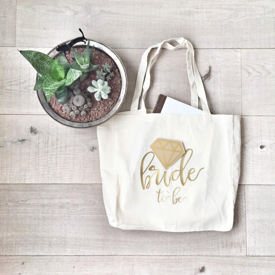 Wedding - Bride to be tote bag with diamond pin, wedding tote bag, bachelorette tote, bridal bag, honeymoon bag, beach bag, bridal shower bag