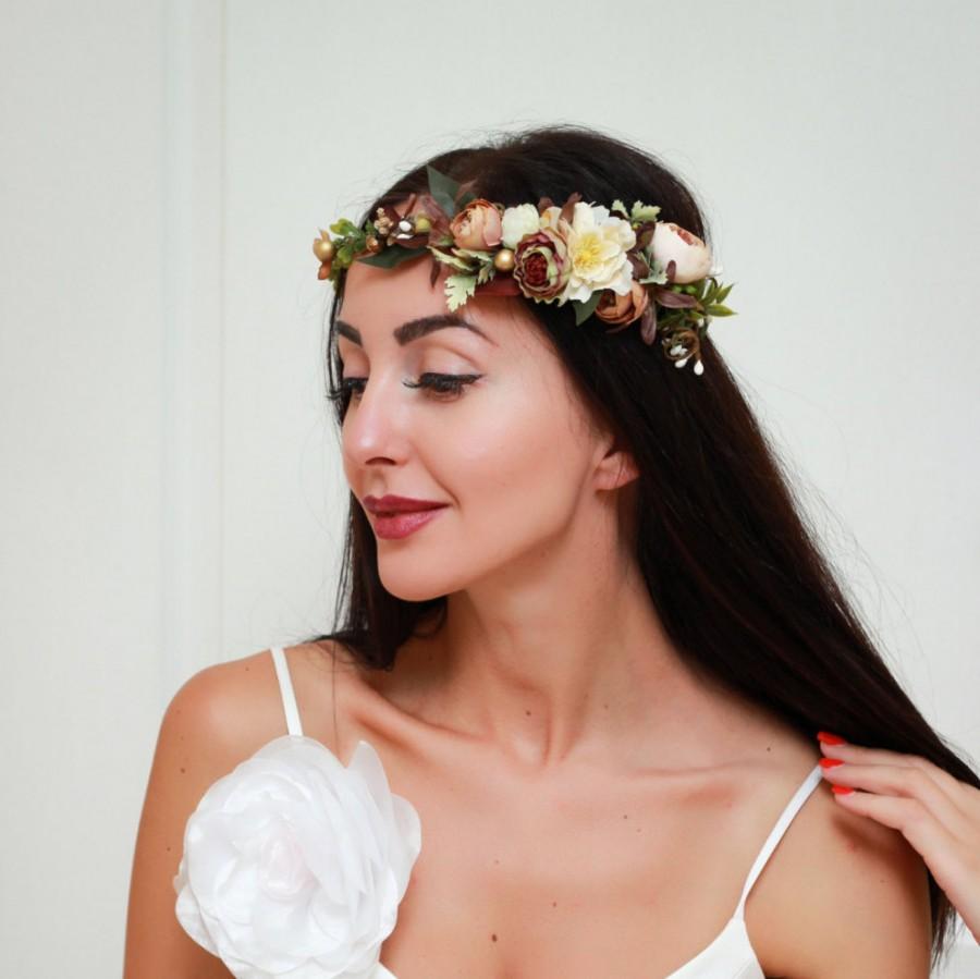 Wedding - Ready to ship Rustic flower crown Beige brown floral crown Flower hair wreath Wedding flower crown Flower halo Bridal floral crown