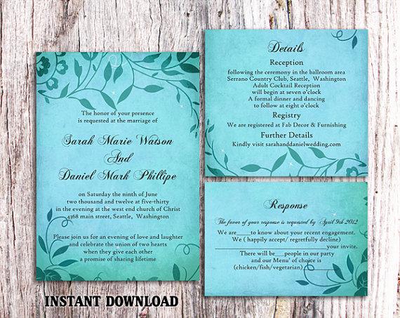 Hochzeit - DIY Rustic Wedding Invitation Template Set Editable Word File Download Printable Invites Turquoise Blue Invitation Leaf Wedding Invitation
