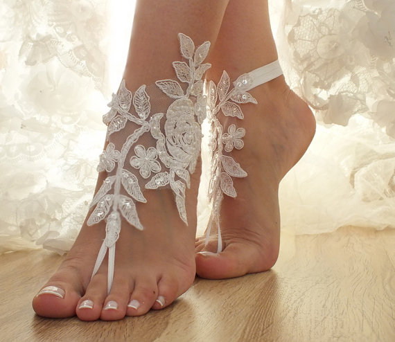 Свадьба - Free Ship ivory, white champagne, flexible ankle sandals, laceBarefoot Sandals, french lace, Beach wedding barefoot sandals