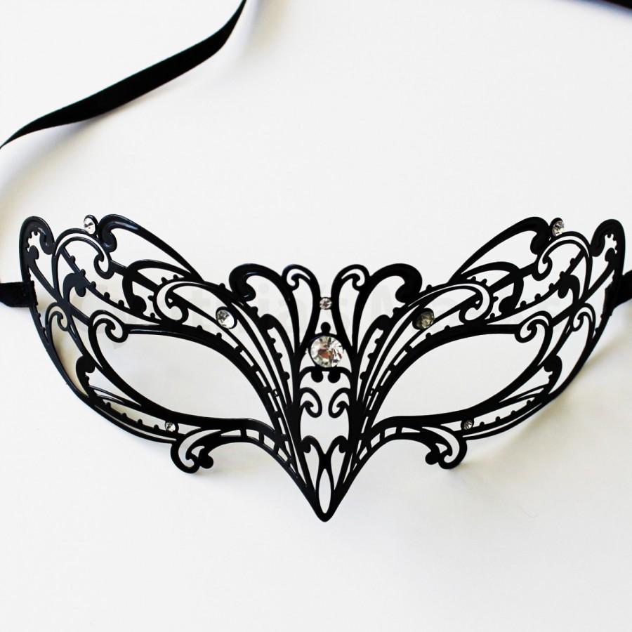 زفاف - Black laser cut Venetian Filigree  Mask Masquerade w/ Clear Rhinestones  SKU: 6G23A