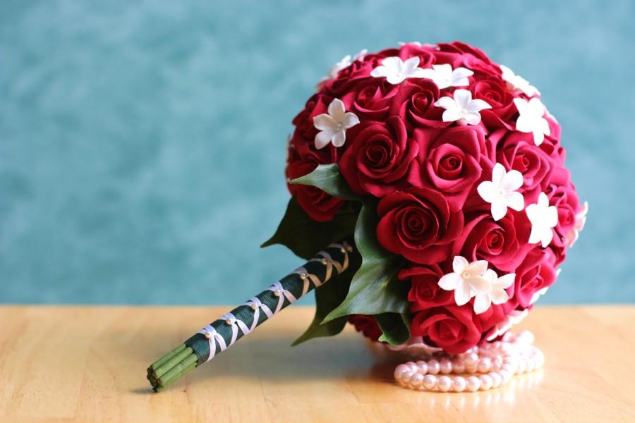 Свадьба - Red Roses Bridal Bouquet with Stephanotises, Wedding Bouquet