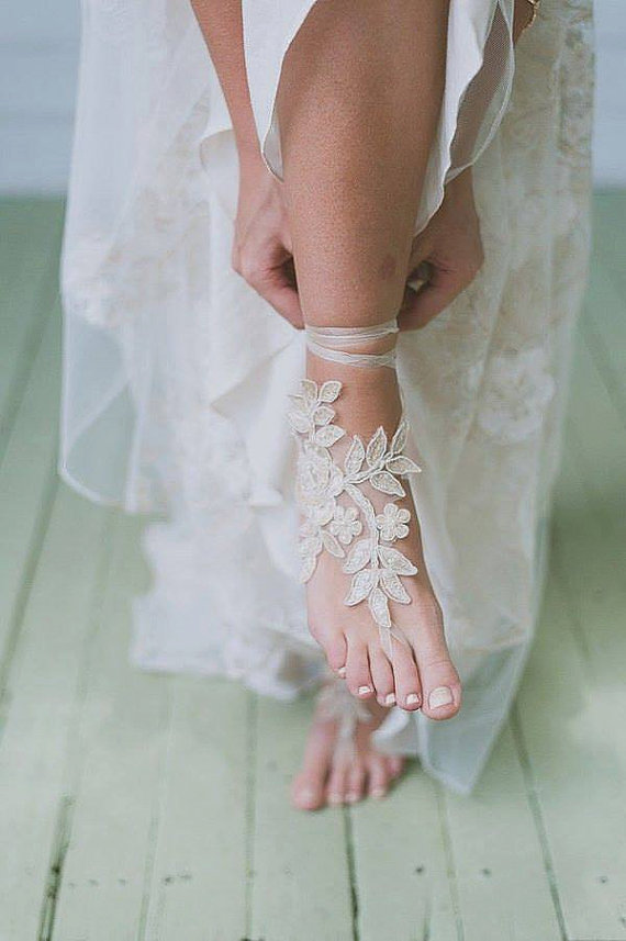 Hochzeit - Free ship Champagne ivory white Beach wedding barefoot sandals, french lace sandals, wedding anklet, Beach wedding barefoot sandals,