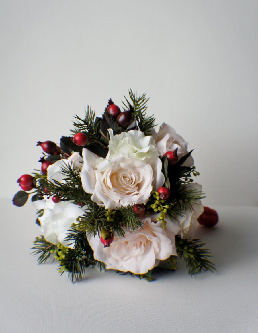 Wedding - Silk Bride Bouquet, Winter Bouquet, Roses, Pine, Berries,  Winter WEdding, Christmas Wedding, Keepsake Bouquet Bridesmaid Bouquet