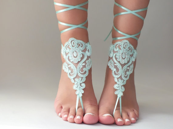 Mariage - Mint Beach wedding barefoot sandals lace barefoot sandals, lace sandals, beach shoes, bridesmaid gifts