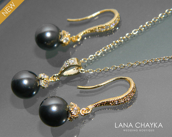 Hochzeit - Black Pearl Gold Jewelry Set Black Pearl Necklace&Earrings Set Swarovski 8mm Pearl Vermeil Gold Cz Set Small Drop Pearl Wedding Jewelry Set