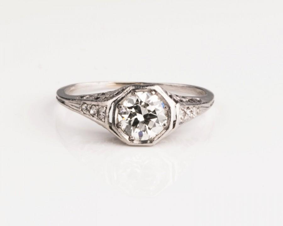 Свадьба - 1930s Antique Art Deco Old Euro 0.85ct Diamond Engagement Ring, Hand-Made Heavy Gallery Work, ATL #290