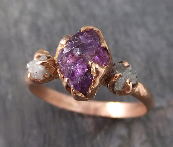 Свадьба - Raw Sapphire Diamond Gold Engagement Ring Wedding Ring Custom One Of a Kind Purple Gemstone Ring Three stone Ring byAngeline 0111