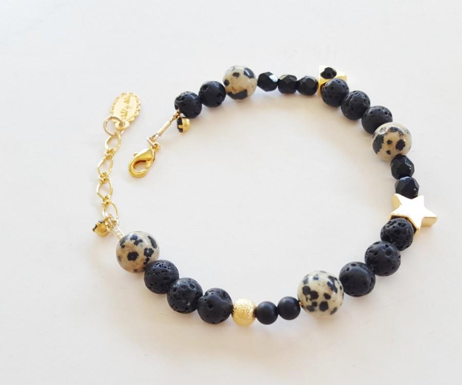 Hochzeit - speckled bracelet, Beaded bracelet, Boho bracelet, Lava jewelry, Onyx bracelet, splattered beads, Multi charms bracelet, Stone Jewelry
