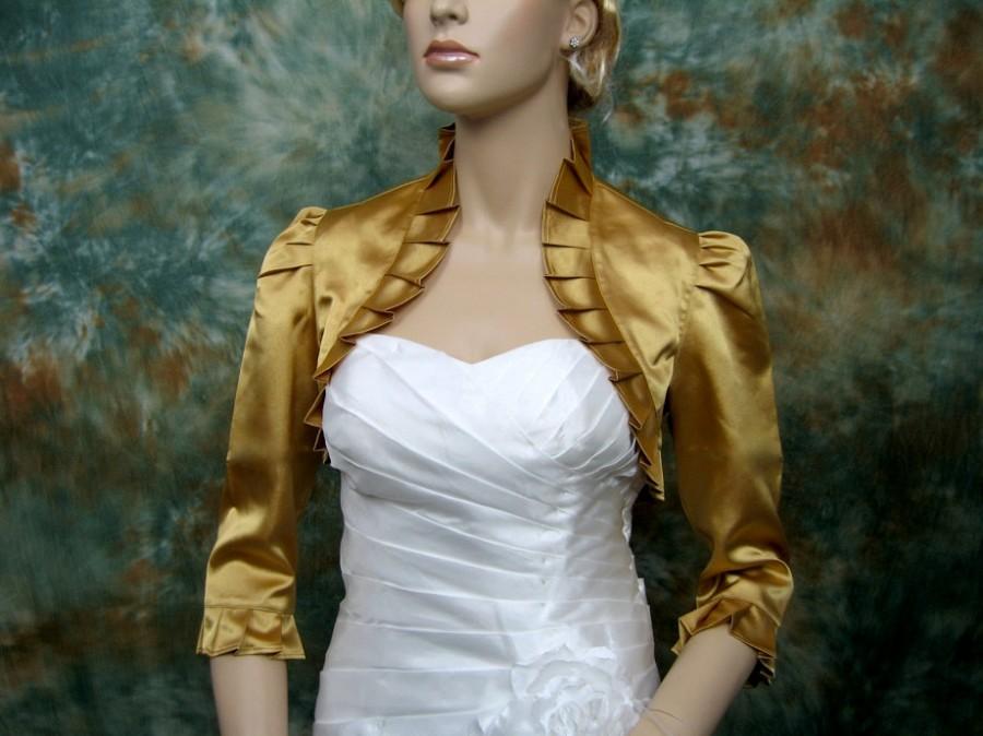 زفاف - Gold 3/4 sleeve satin wedding bolero jacket shrug
