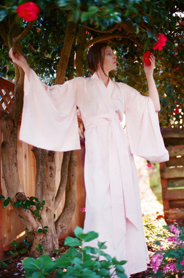 Hochzeit - One full length "Noguchi" kimono robe in faux blush pink silk. Long kimono robe Long bridal robe Long silk kimono Blush bridal robe