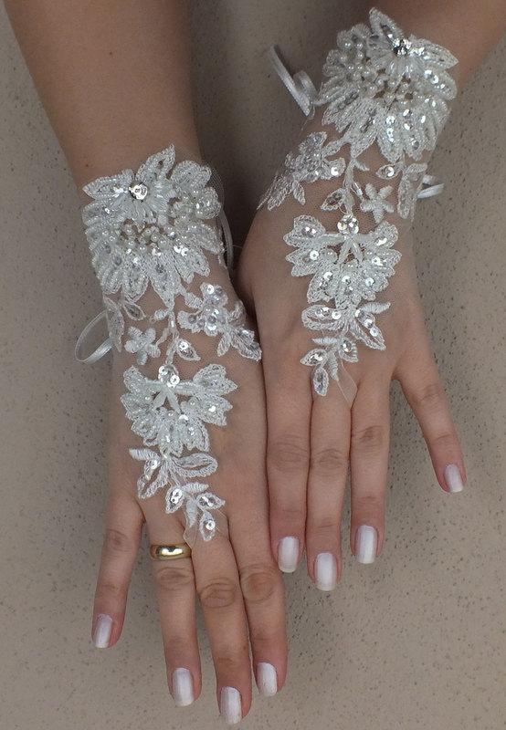 Mariage - Free ship, Ivory lace Wedding gloves, silver beads embroidered bridal gloves, fingerless lace gloves,handmade