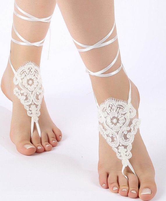 Mariage - Free Ship ivory black or blush , lariat sandals, laceBarefoot Sandals, french lace, Beach wedding barefoot sandals