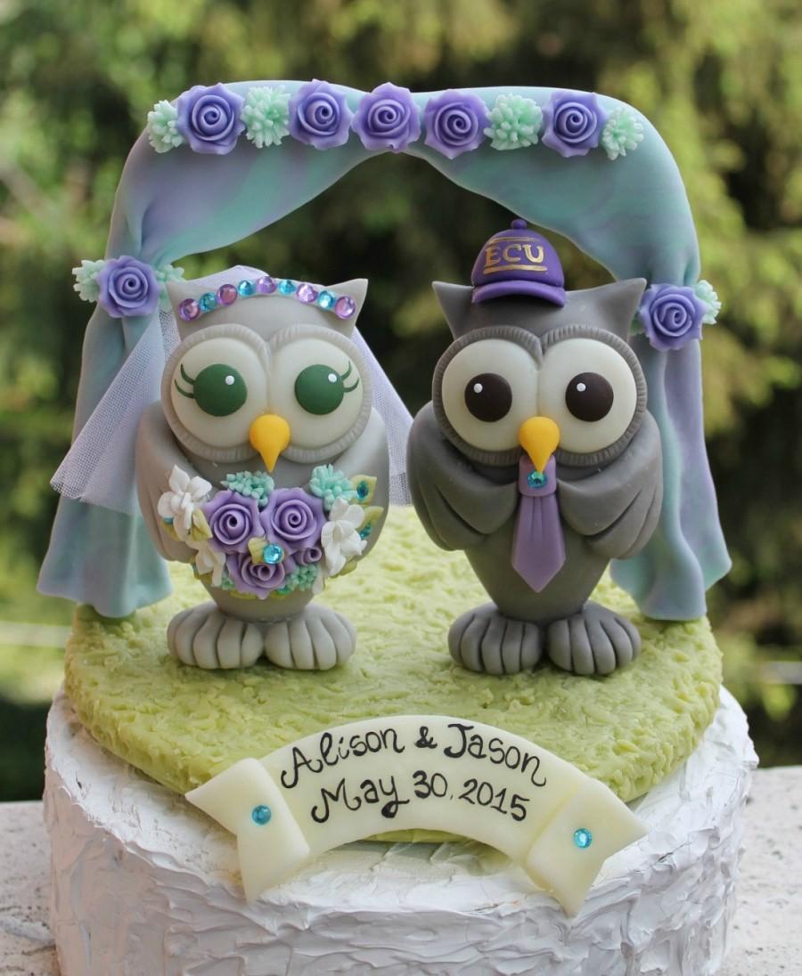Hochzeit - Wedding love birds owl cake topper with grass base and chuppah, BIGGER OWLS, aqua purple wedding, customizable