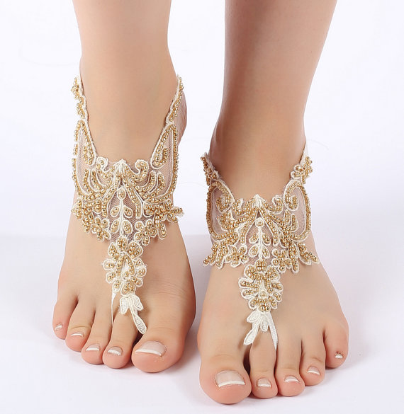 Hochzeit - Free Ship ivory gold beaded barefoot sandals, laceBarefoot Sandals, french lace, Beach wedding barefoot sandals