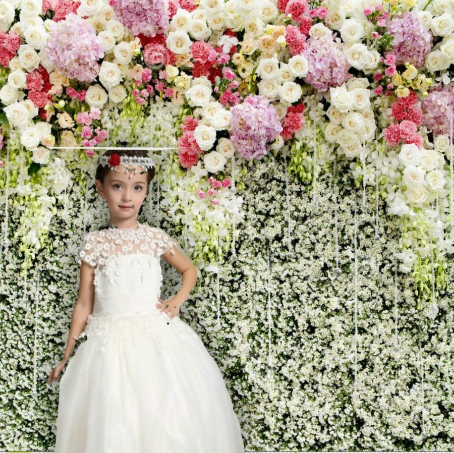 Mariage - Beautiful Flower Girl White Lace Dress Transparent Stunning Lace Bodice Flufffy Satin Tulle Girls Dress