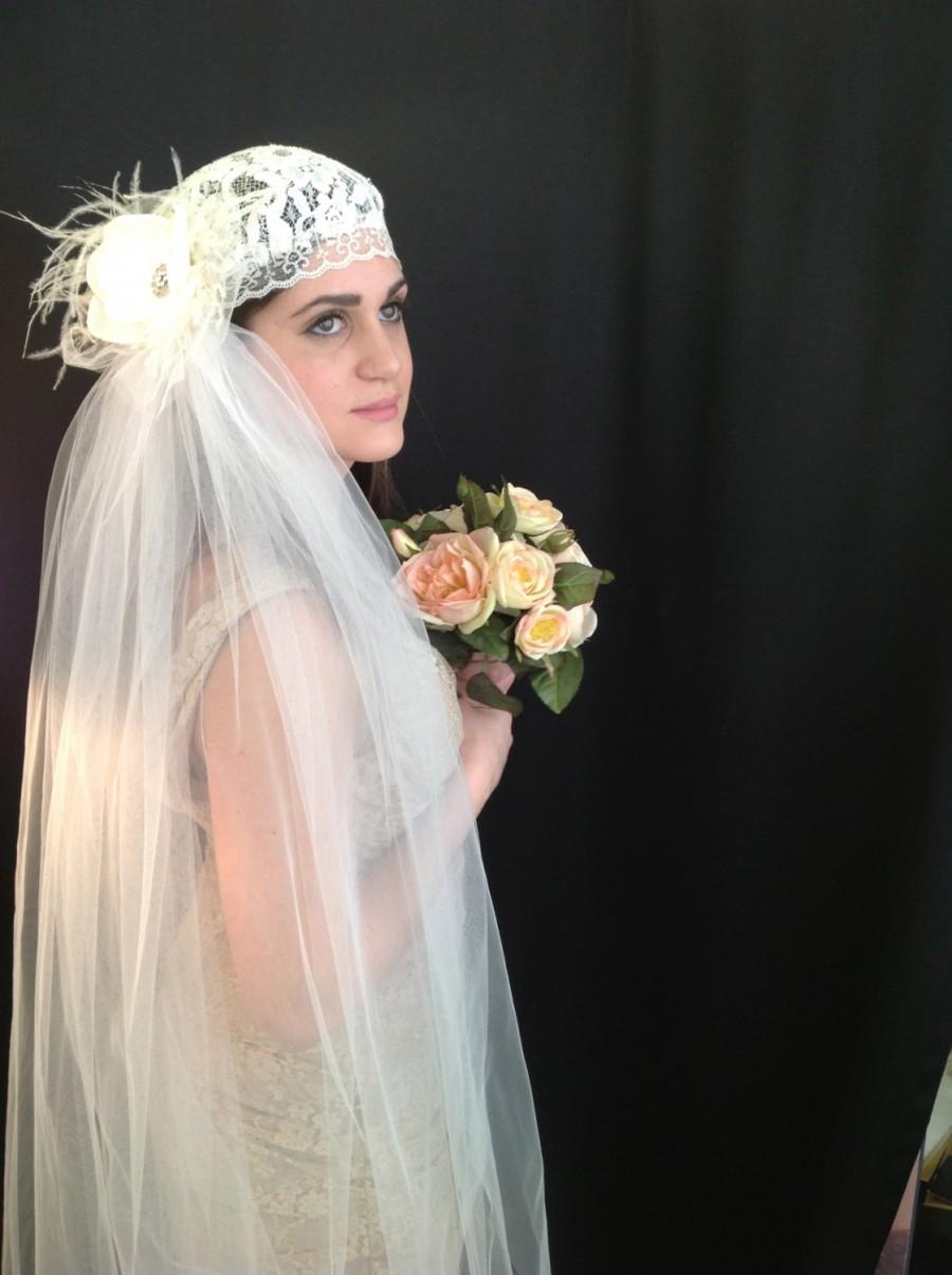 Hochzeit - MELISSA  Ivory Bridal Juliet Cap with Cathedral Length Veil