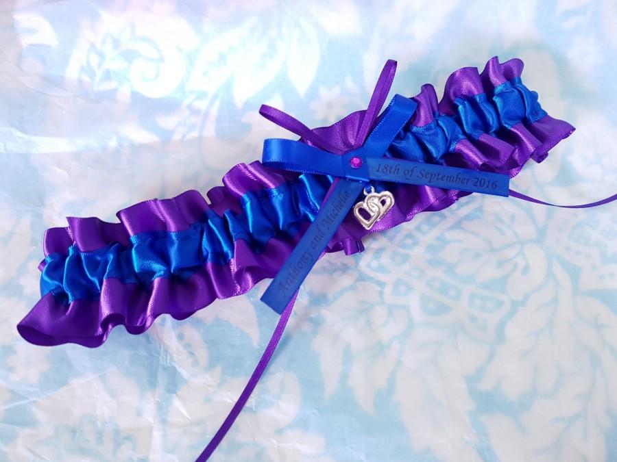 Hochzeit - Purple and blue Wedding Garter, beautiful  purple and electric blue satin , monogrammed heart garter with heart