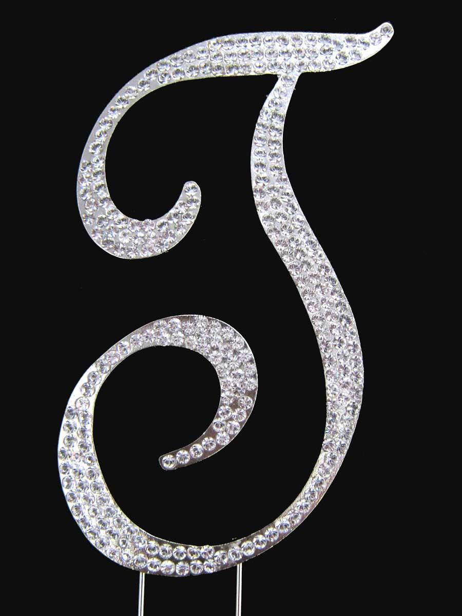 زفاف - Crystal Rhinestone Covered Silver Monogram Wedding Cake Topper Letter "T"