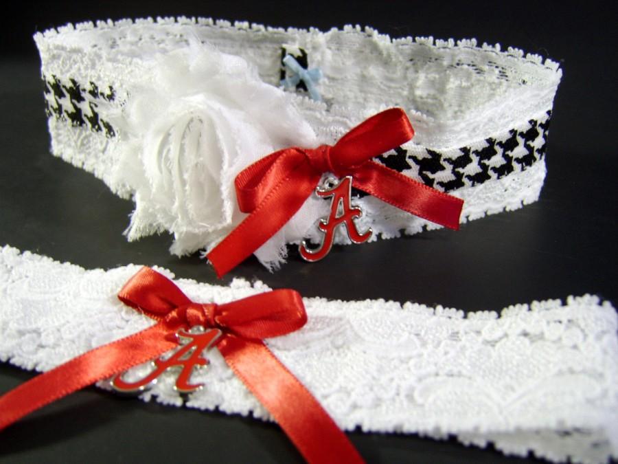Hochzeit - University of Alabama Wedding Garter Set Crimson Bows with Stretch Lace  and Houndstooth