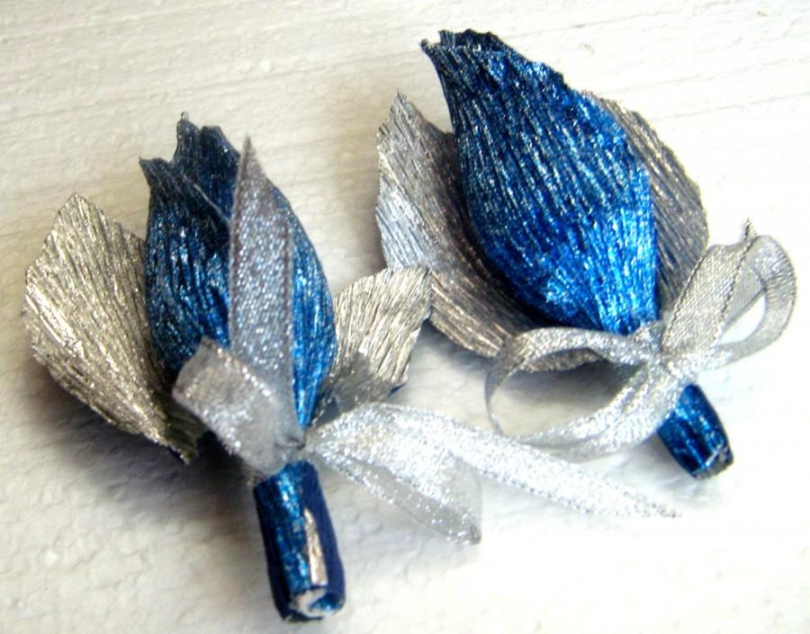 Свадьба - 2 Royal blue glitter silver Boutonniere rose bud boutonniere mens  peacock wedding  beach wedding royal Navy Blue rosebud silver boutonniere