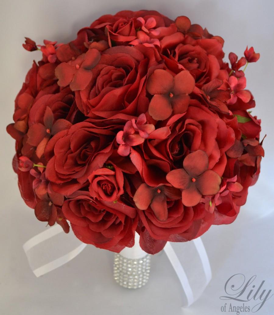 Свадьба - 17 Piece Package Wedding Bridal Bouquet Silk Flower Bouquets Bride Groom Bridesmaids Decoration Bride APPLE RED "Lily of Angeles" RERE06