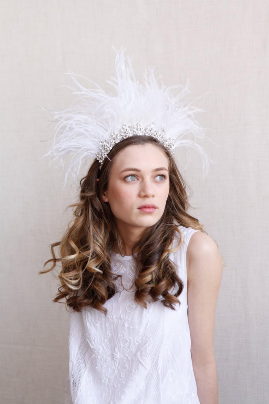 Mariage - Bohemian Feather Bridal headdress - Editorial, statement Wedding Headpiece with ivory ostrich feathers -Vintage showgirl headpiece