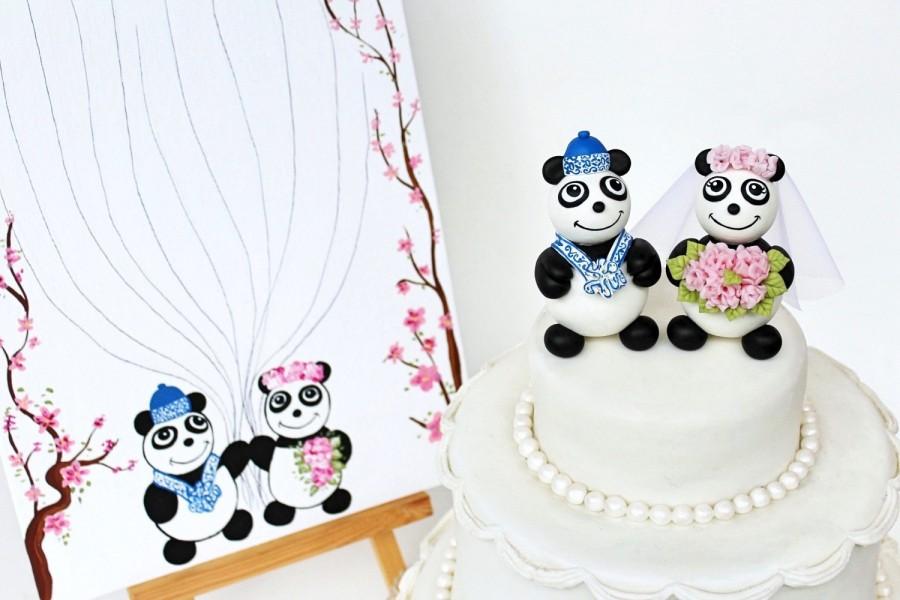 Hochzeit - Wedding panda cake topper, custom bear cake topper, thumbprint guest book, bride and groom with banner, animal cake topper