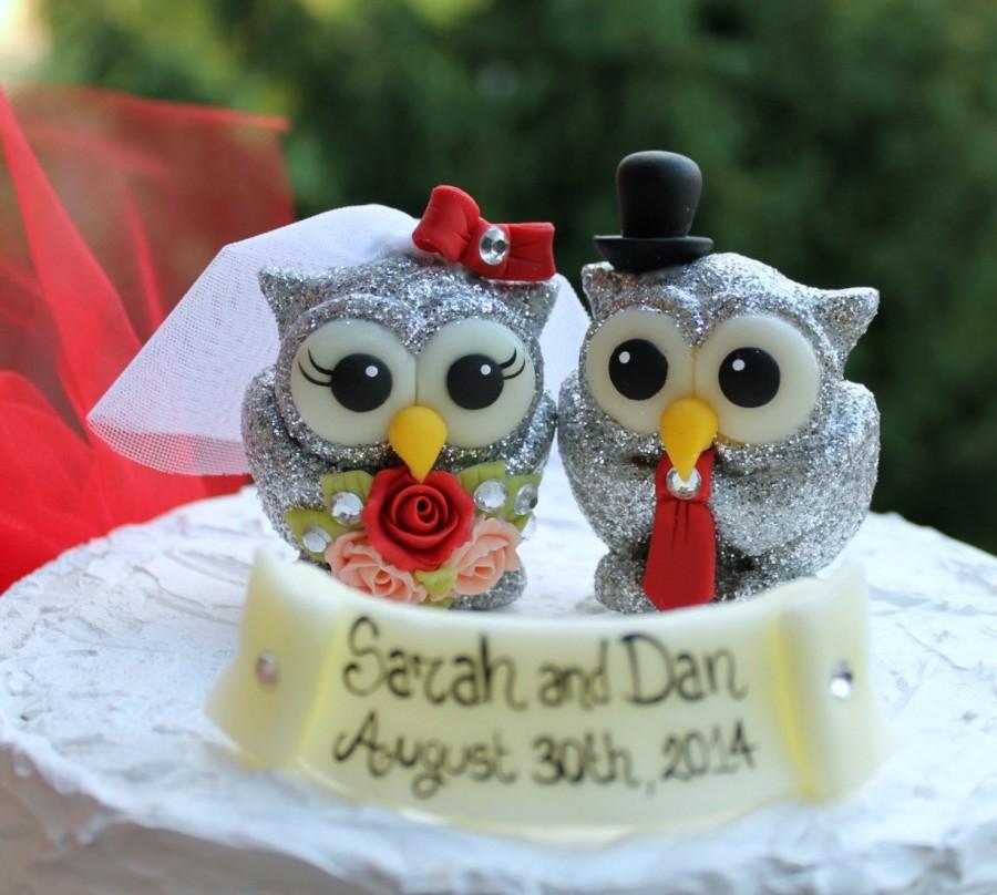 Wedding - Wedding glitter owl cake topper, silver sparkly love birds, red wedding