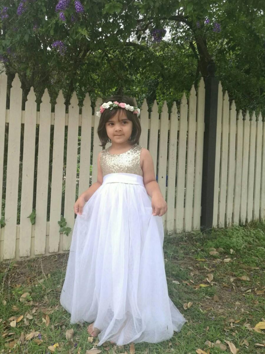 Mariage - Princess Gold Flower Girl Dress Gold sequin Bodice with White Tulle FLowergirls Dress Customized.