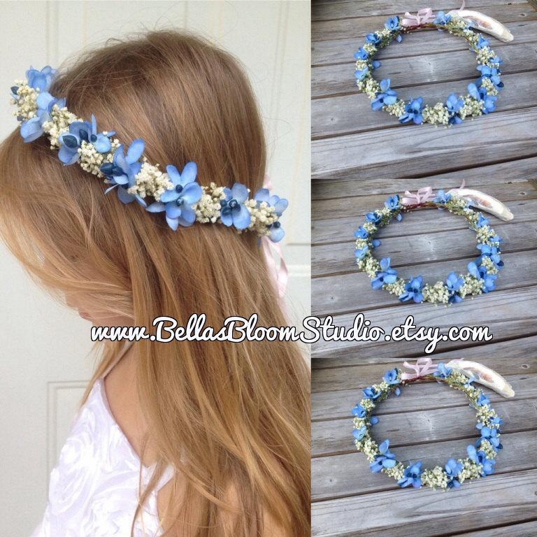 زفاف - Baby Breath Crown, Flower Crown, Blue Flower Wreath, Flower Girl Crown, Bridesmaid Crown, Flower Halo, Light Blue Crown, Blue Floral Crown