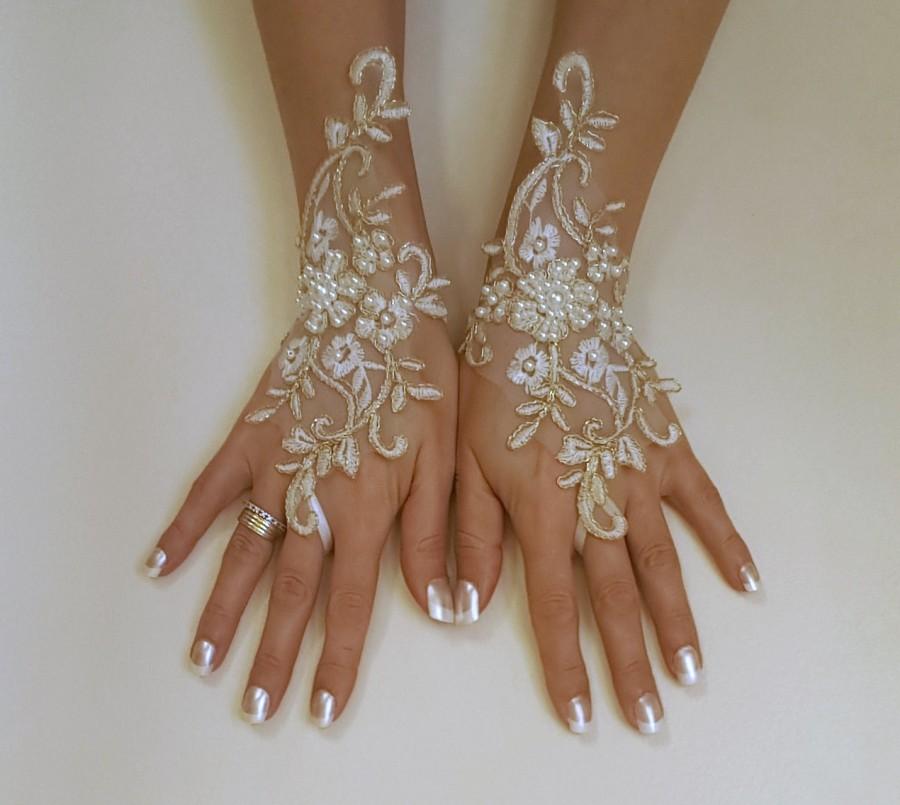 Hochzeit - Ivory gold frame wedding gloves bridal gloves lace gloves fingerless gloves ivory gloves  free ship w