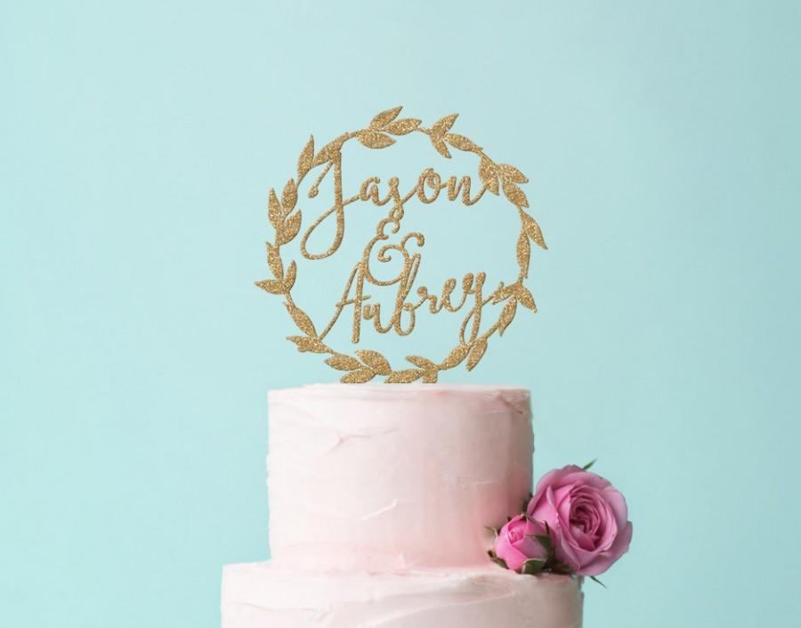 زفاف - Wedding Names Cake Topper Personalized Laurel Wreath in Gold Glitter or Rustic Wooden Boho Chic Wedding Cake Topper (Item - LPT900)