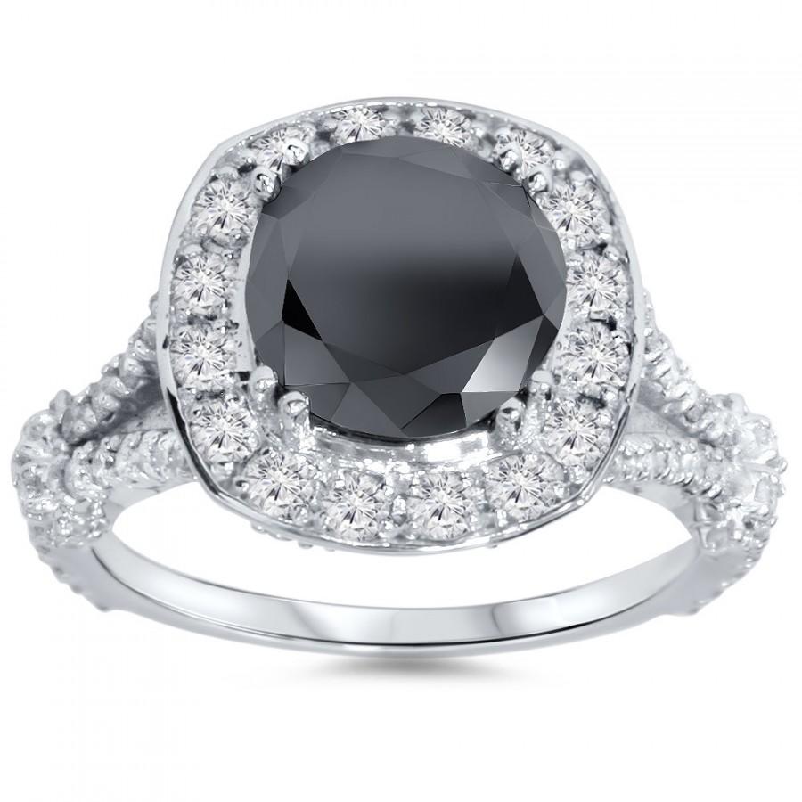 Wedding - 4.36CT Black & White Diamond Cushion Halo Vintage Engagement Ring 14K White Gold Size, Black Center Stone, Diamonds, For Her, Anniversary4-9