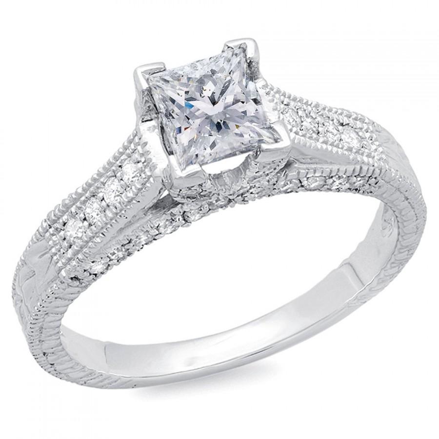 Mariage - Princess Cut Diamond Engagement Ring 1.07CT Vintage Engagement Ring Hand Engraved Princess Cut V tip Diamond Engagement Ring White Gold 14k