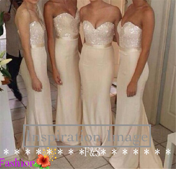 Свадьба - April's Bednar's Bridal Party - strapless sweetheart sequin bodice in rose gold and fitted mermaid skirt in #48 stretch satin