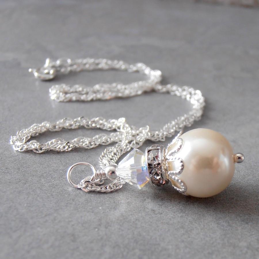 Wedding - Ivory Pearl Necklace Pearl and Crystal Bridesmaid Jewelry Ivory Wedding Jewellery Beaded Pendant 16 18 20 Inch Silver Chain Cream Bridesmaid