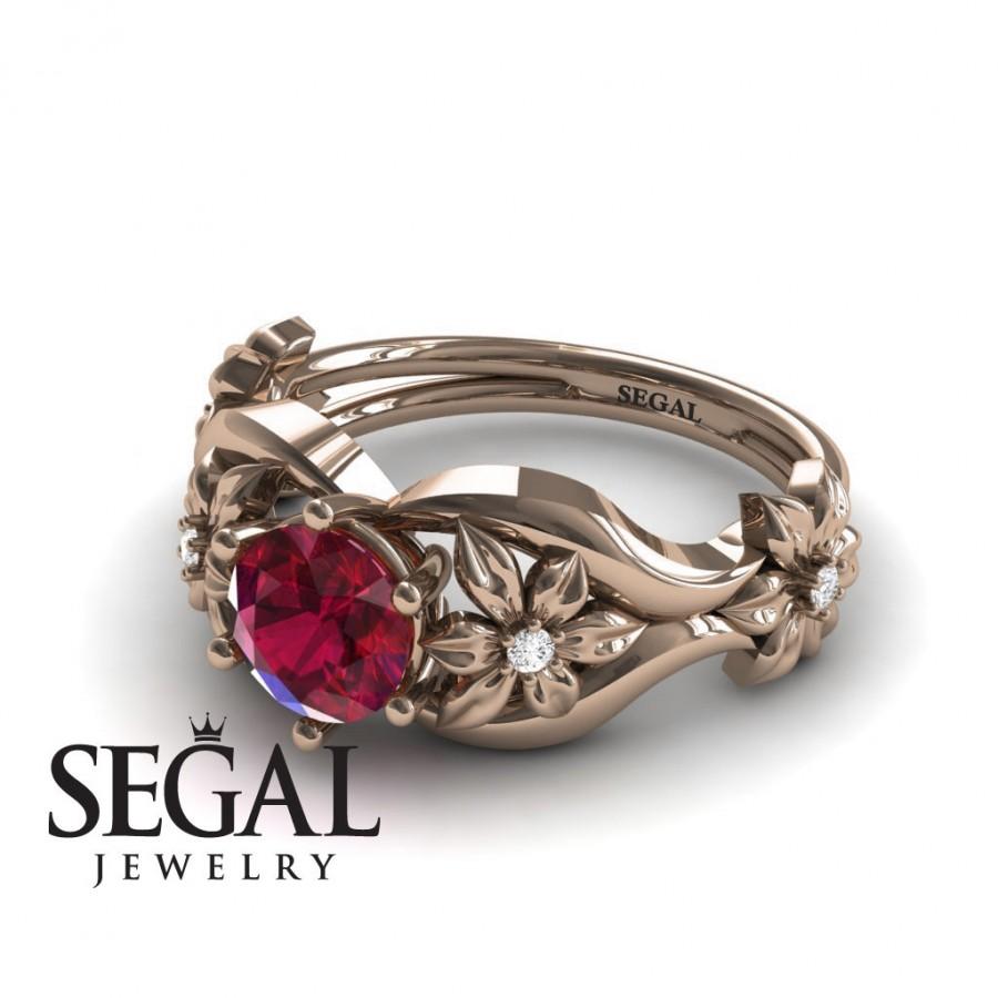 زفاف - Unique Flower Engagement Ring 14K Red Gold Floral Flowers Antique Ring Ruby With White diamond Wedding Ring - Lauren Engagement Ring